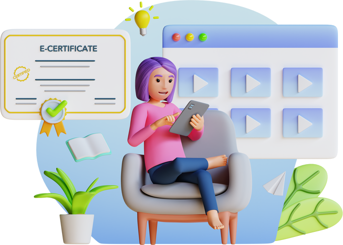 young woman joins seminar and gets e-certificate, 3d character illustration